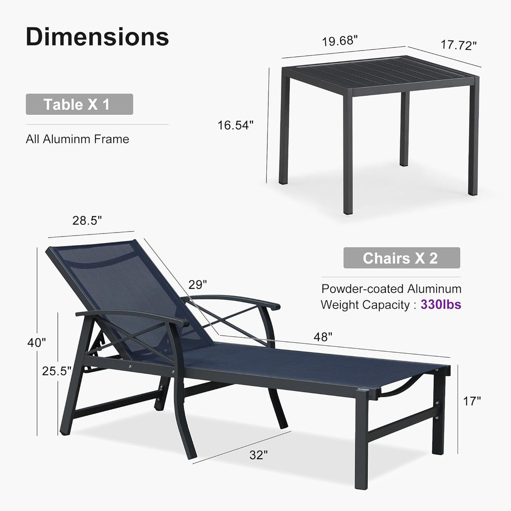 PURPLE LEAF Oversized Chaise Lounge Chair Outdoor Extra Wide Pool Lounge Chairs 5 Adjustable Position with Armrests and Side Table, Aluminum Patio Lounge Chair for Outside, Backyard, Pool