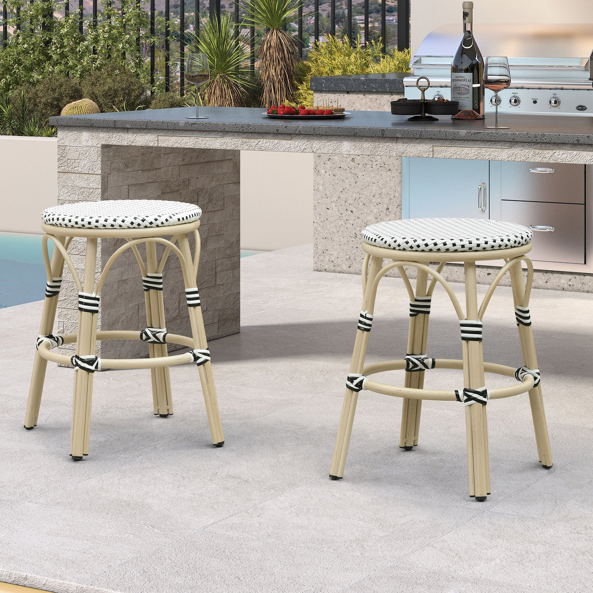 PURPLE LEAF Patio French Round Counter Stool Set of 2 Rattan Backless Stackable Barstools Aluminum Frame Footrest with Woven Wicker for Outdoor Kitchen Yard