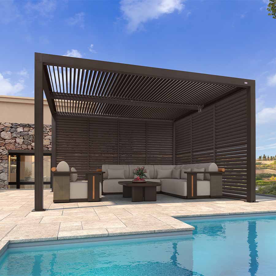 PURPLE LEAF Athena Louvered Pergola Bronze Outdoor Aluminum Pergola with Shutter Wall Adjustable Gazebo Rainproof for Patio Deck Garden