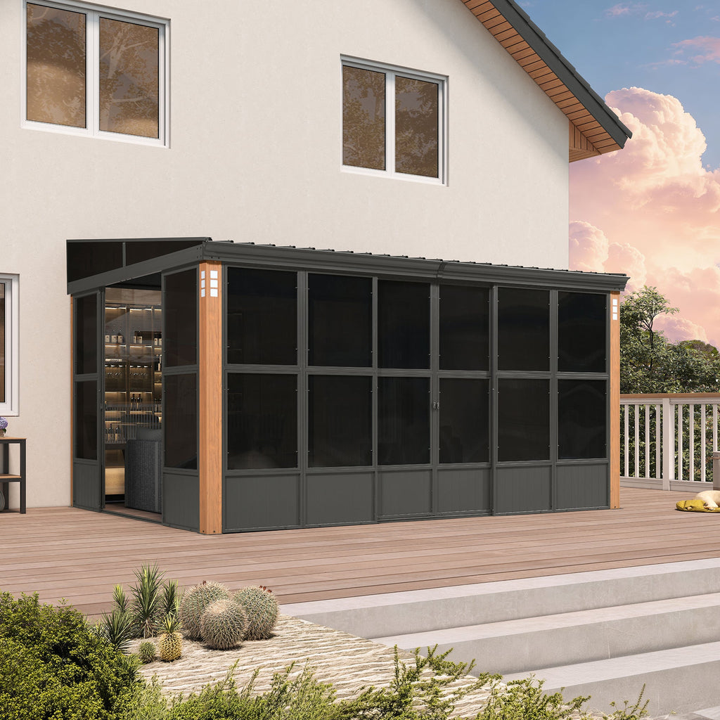 PURPLE LEAF Wall Mounted Sunroom Galvanized Steel Sloped Roof Lean-to Enclosed Aluminum Grey Frame Wood Grain Columns for Outdoor Home Extension