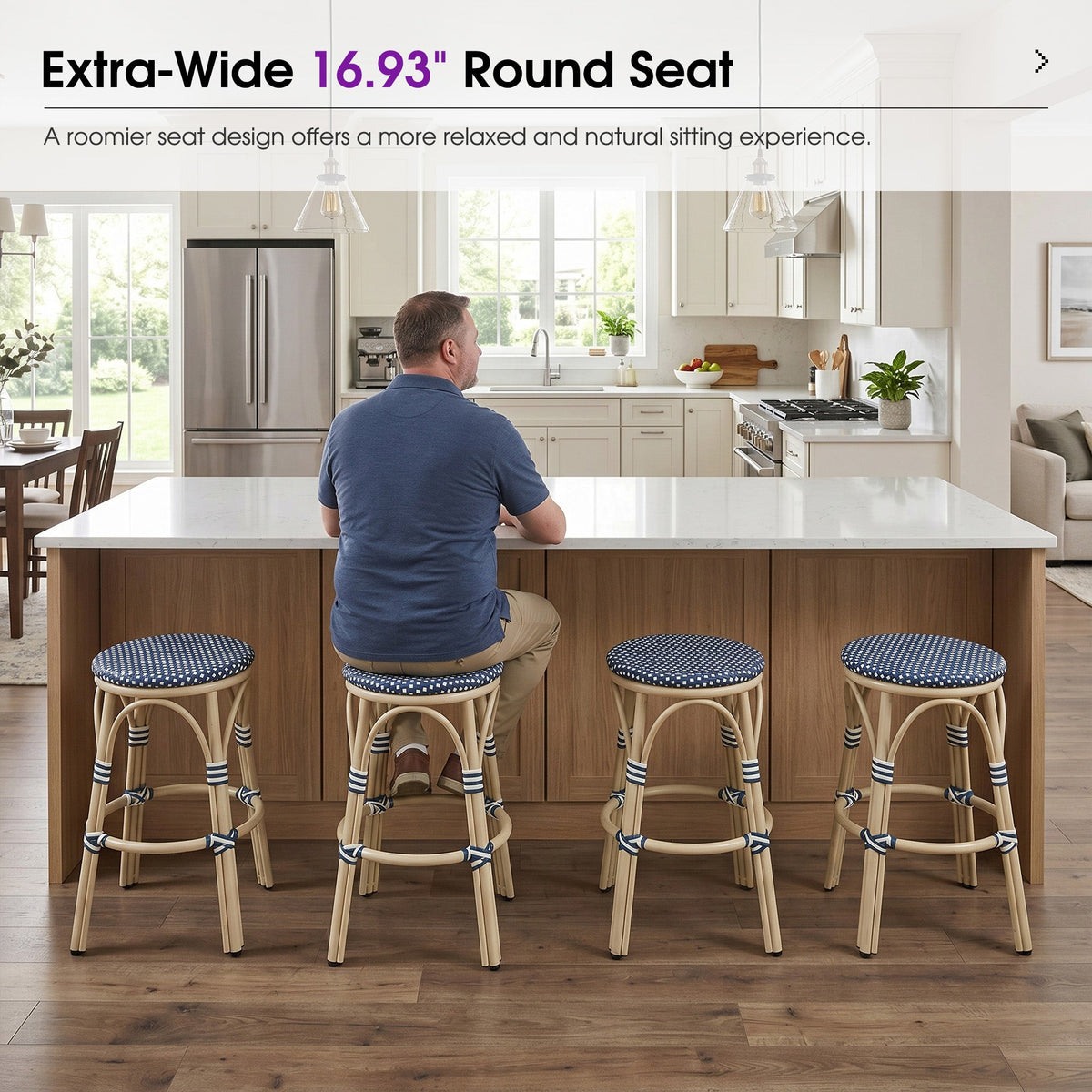 PURPLE LEAF Patio French Round Counter Stool Set of 2 Rattan Backless Stackable Barstools Aluminum Frame Footrest with Woven Wicker for Outdoor Kitchen Yard