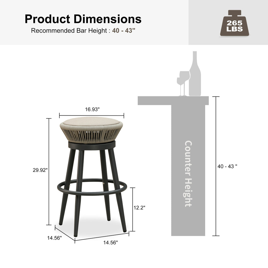 PURPLE LEAF Outdoor Swivel Bar Stools Set of 2 Metal Modern Rattan Bar Chairs with Backrest Aluminum Woven Barstools with Cushions