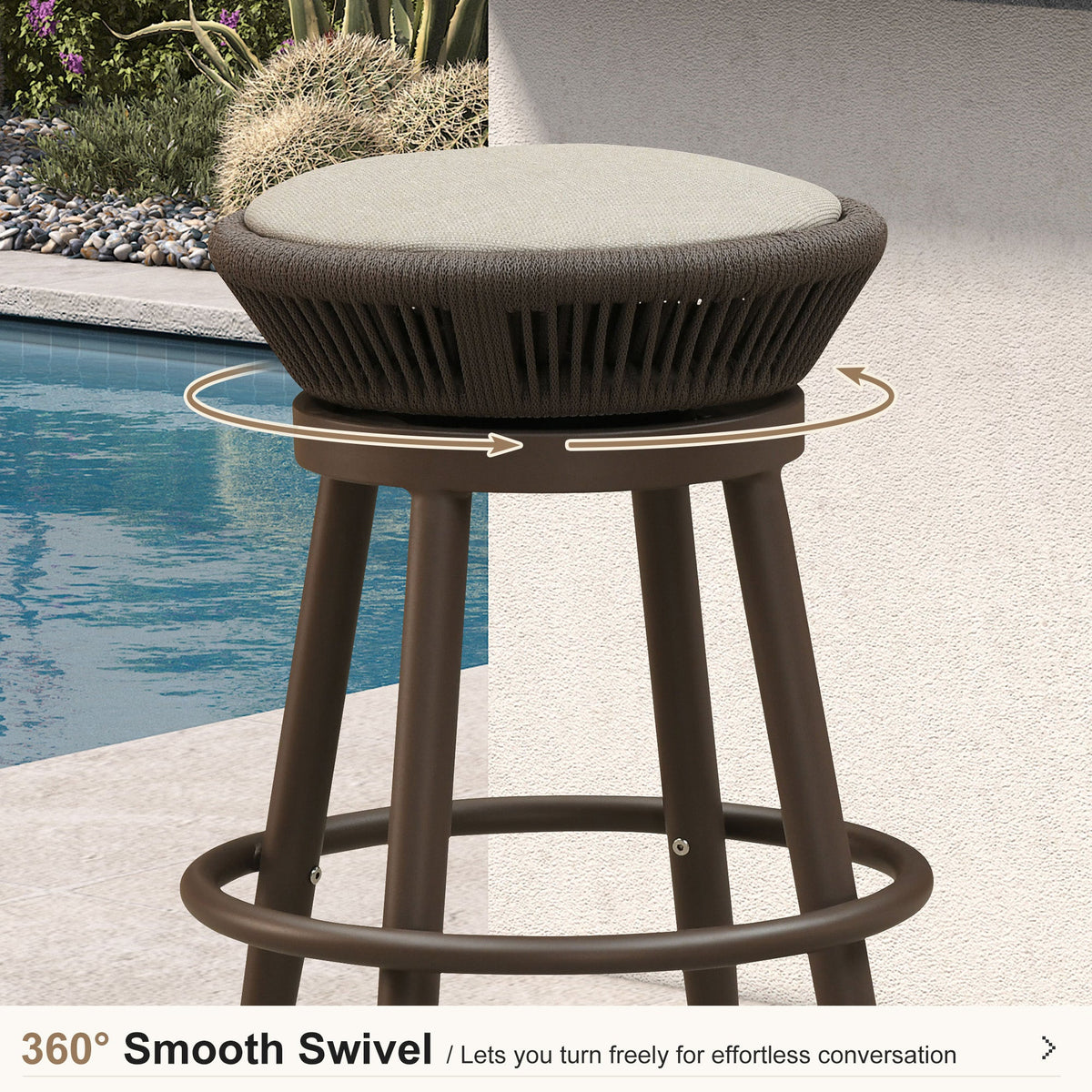 PURPLE LEAF Outdoor Swivel Bar Stools Set of 2 Metal Modern Rattan Bar Chairs with Backrest Aluminum Woven Barstools with Cushions