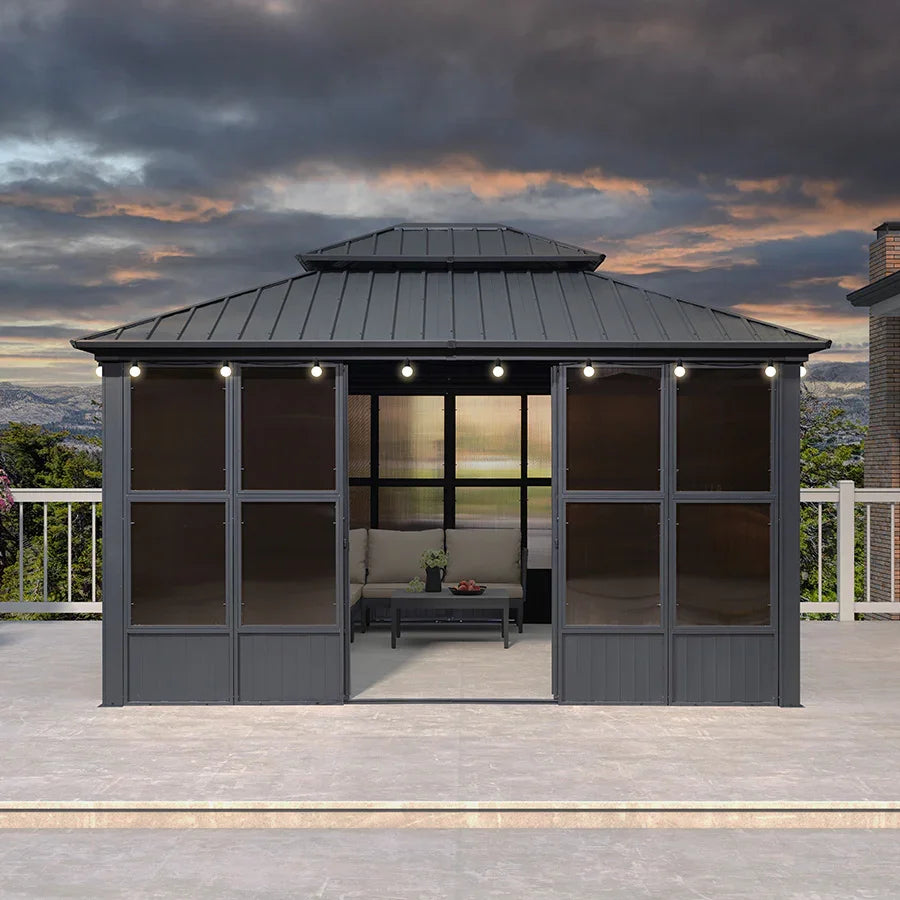 PURPLE LEAF Sunroom Hardtop Gazebo Solarium Grey Galvanized Steel Double Roof  All-Weather Aluminum Outdoor Screen House with String Lights