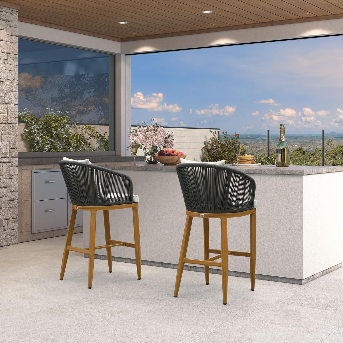 PURPLE LEAF Outdoor Bar Stools Patio Modern Aluminum Rattan High Back & Arms Bar Chairs with Removable Cushions and Pillows  for Outdoor or Indoor
