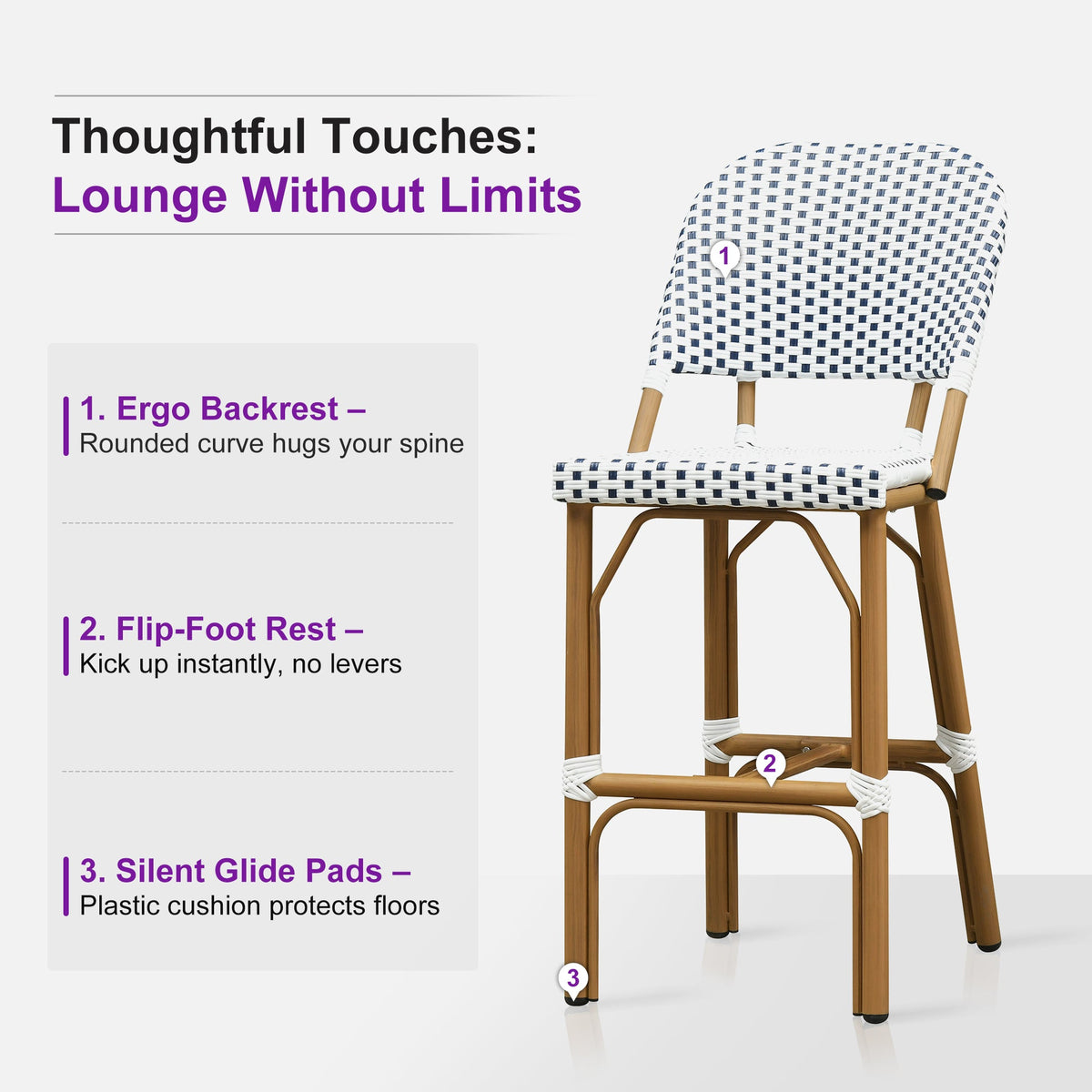 PURPLE LEAF Outdoor Bar Height Stools Set of 2 French Country Patio Rattan Bar Stool Chairs Outdoor Armless Barstools for Porch Garden Indoor Kitchen