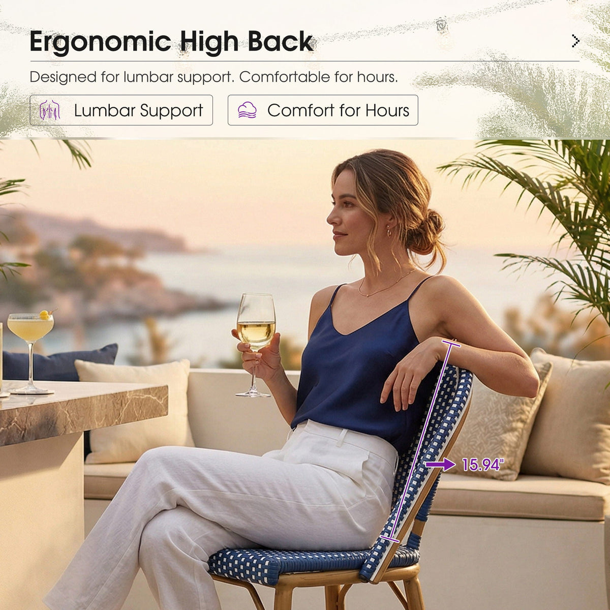 PURPLE LEAF Patio French Counter Stool Set of 2 Outdoor Backrest Barstools Aluminum Frame Woven Rattan for Indoor Kitchen Garden Balcony Restaurant