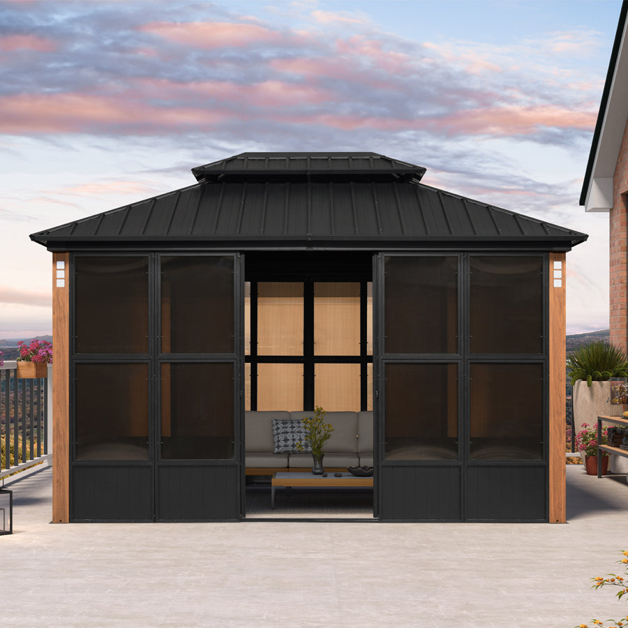 PURPLE LEAF Sunroom Hardtop Gazebo with Wood Grain Columns Black Frame Double Roof Galvanized Steel Solarium All-Weather Screen House with String Lights
