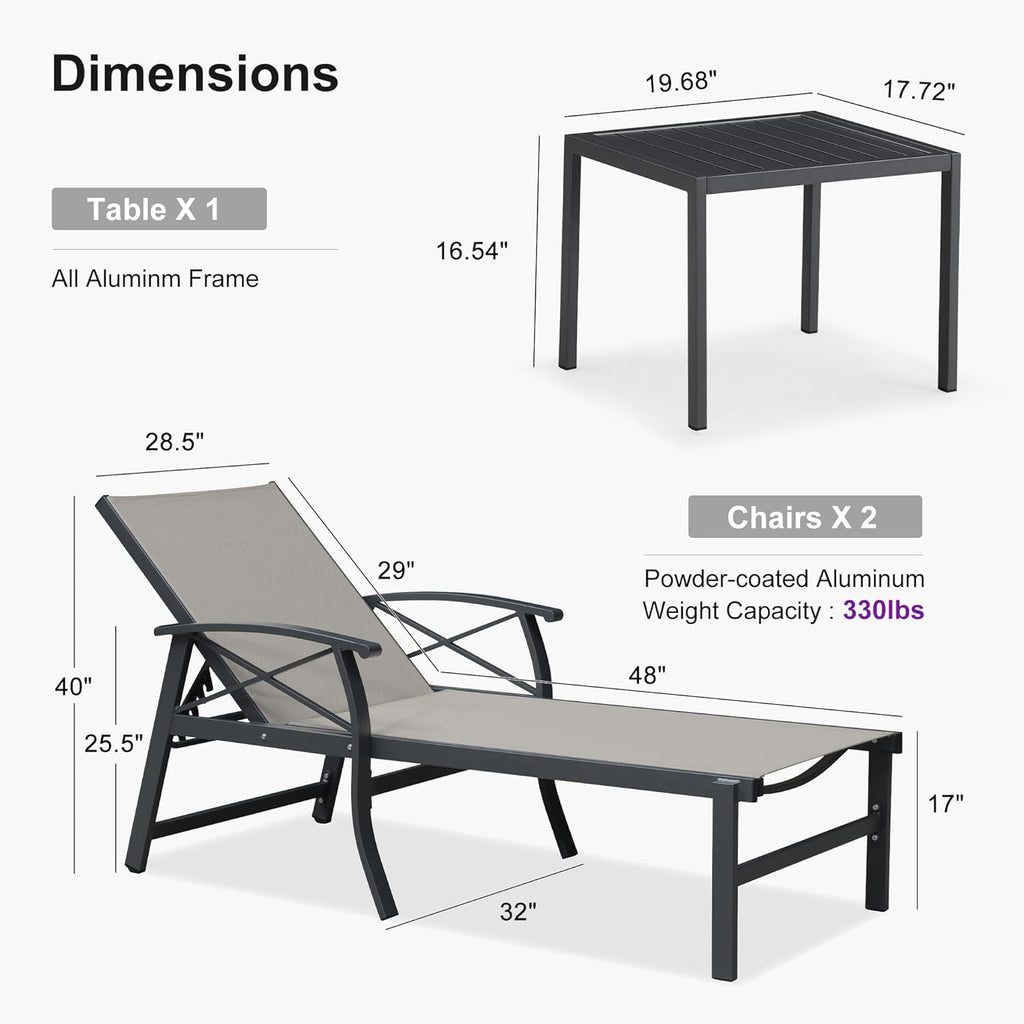 PURPLE LEAF Oversized Chaise Lounge Chair Outdoor Extra Wide Pool Lounge Chairs 5 Adjustable Position with Armrests and Side Table, Aluminum Patio Lounge Chair for Outside, Backyard, Pool