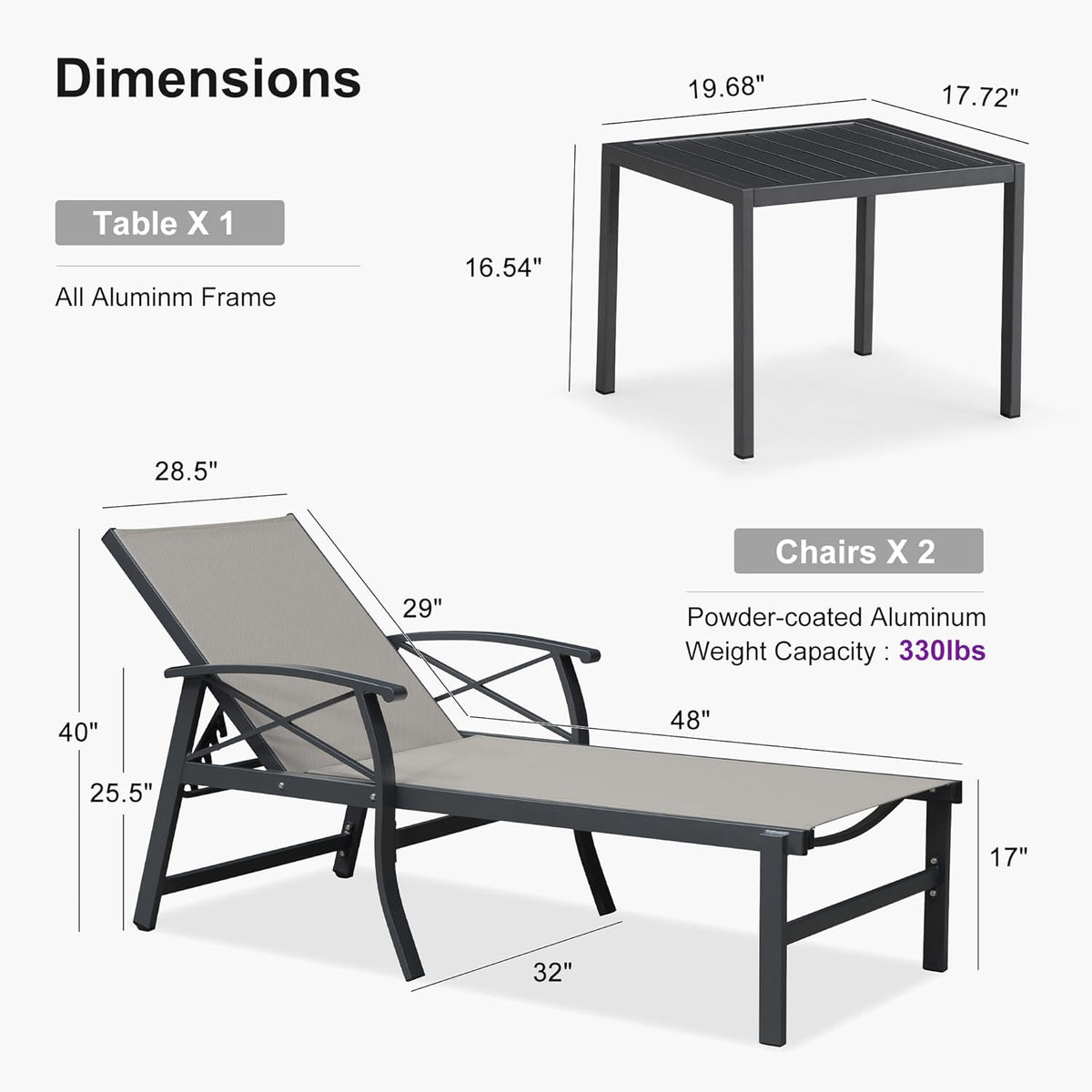 PURPLE LEAF Oversized Chaise Lounge Chair Outdoor Extra Wide Pool Lounge Chairs 5 Adjustable Position with Armrests and Side Table, Aluminum Patio Lounge Chair for Outside, Backyard, Pool