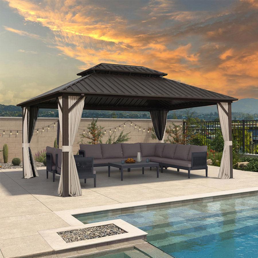PURPLE LEAF Hardtop Gazebo Featuring Galvanized Steel Double Roof and Bronze Aluminum Frame with Curtains and Netting for Poolside with Lights-clear