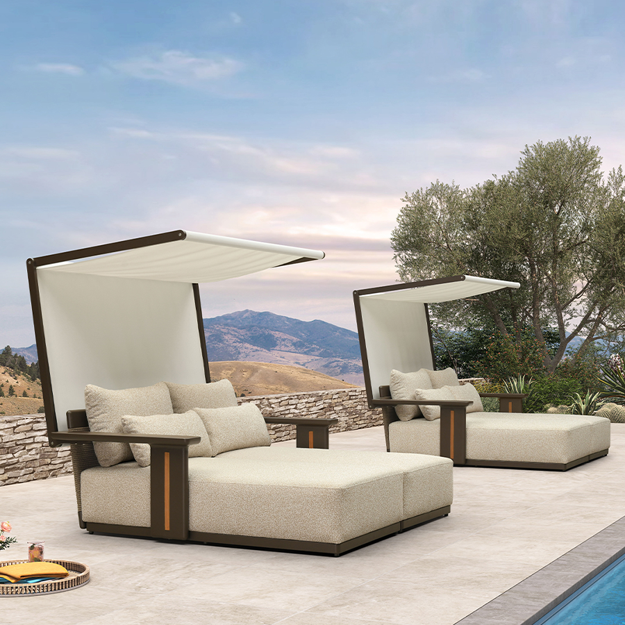 PURPLE LEAF Luxury Double Chaise Lounge Chair Outdoor Premium Aluminum Lounger with Teak Trim Armrest and 4 Pillows Modern Daybed with Textilene Canpoy for Pool Backyard Deck Garden