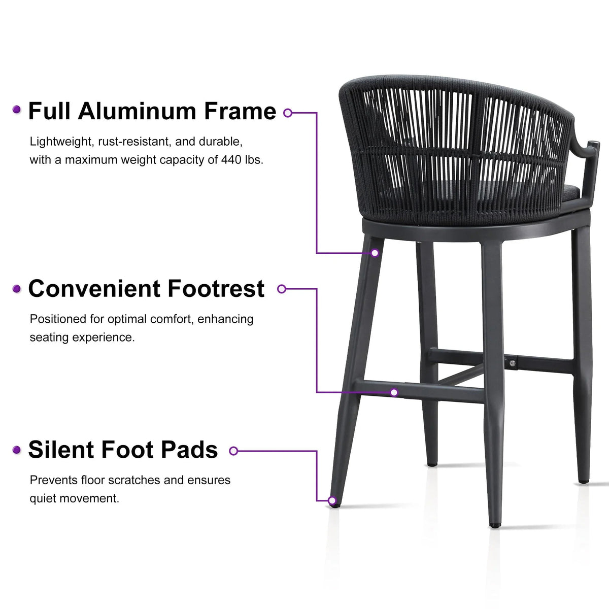 PURPLE LEAF Patio Bar Stools Set of 2 Outdoor Wicker Modern High Bar Chairs Metal Cushioned Barstools with Backs and Ergonomic Armrest