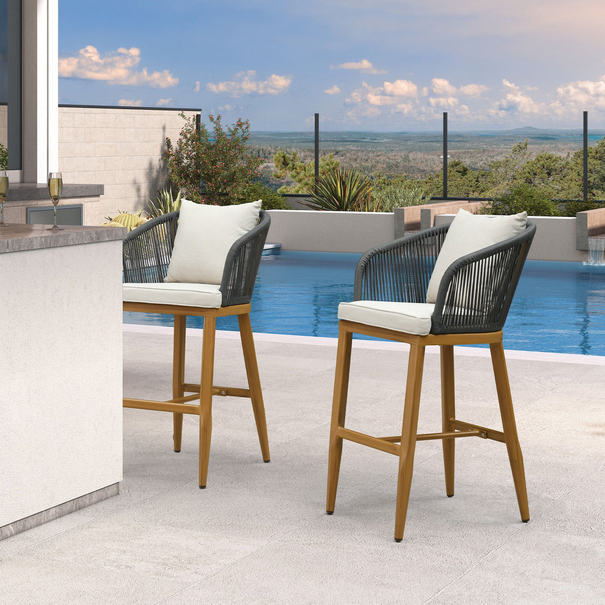 PURPLE LEAF Outdoor Bar Stools Patio Modern Aluminum Rattan High Back & Arms Bar Chairs with Removable Cushions and Pillows  for Outdoor or Indoor