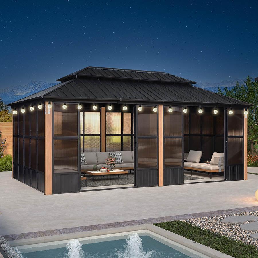 PURPLE LEAF Sunroom Hardtop Gazebo with Wood Grain Columns Black Frame Double Roof Galvanized Steel Solarium All-Weather Screen House with String Lights