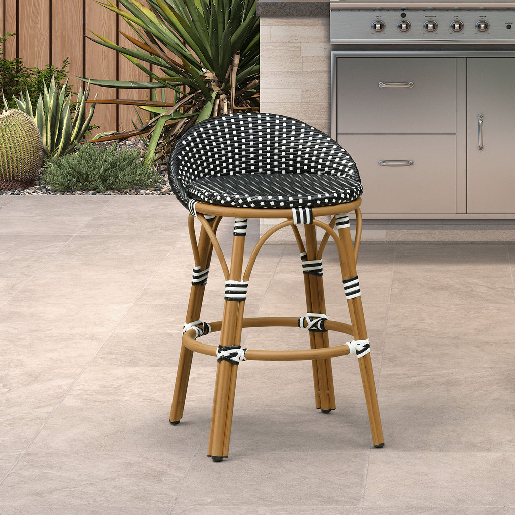 PURPLE LEAF Patio Oversized Backrest Bar Height Stool Set of 2 Outdoor Round Barstools Aluminum Frame Woven Rattan for Indoor Kitchen Dining Bistros Cafe Restaurant