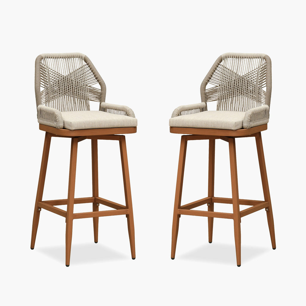 PURPLE LEAF Outdoor Swivel Bar Stools Set of 2 Patio 360° Rotating All-Weather Wicker Stools with Back and Cushion for Outside Backyard Kitchen Bistro Garden Bar