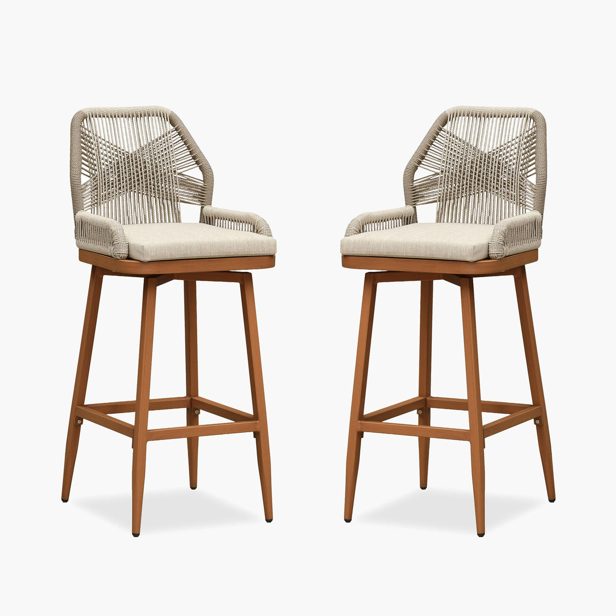 PURPLE LEAF Outdoor Swivel Bar Stools Set of 2 Patio 360° Rotating All-Weather Wicker Stools with Back and Cushion for Outside Backyard Kitchen Bistro Garden Bar