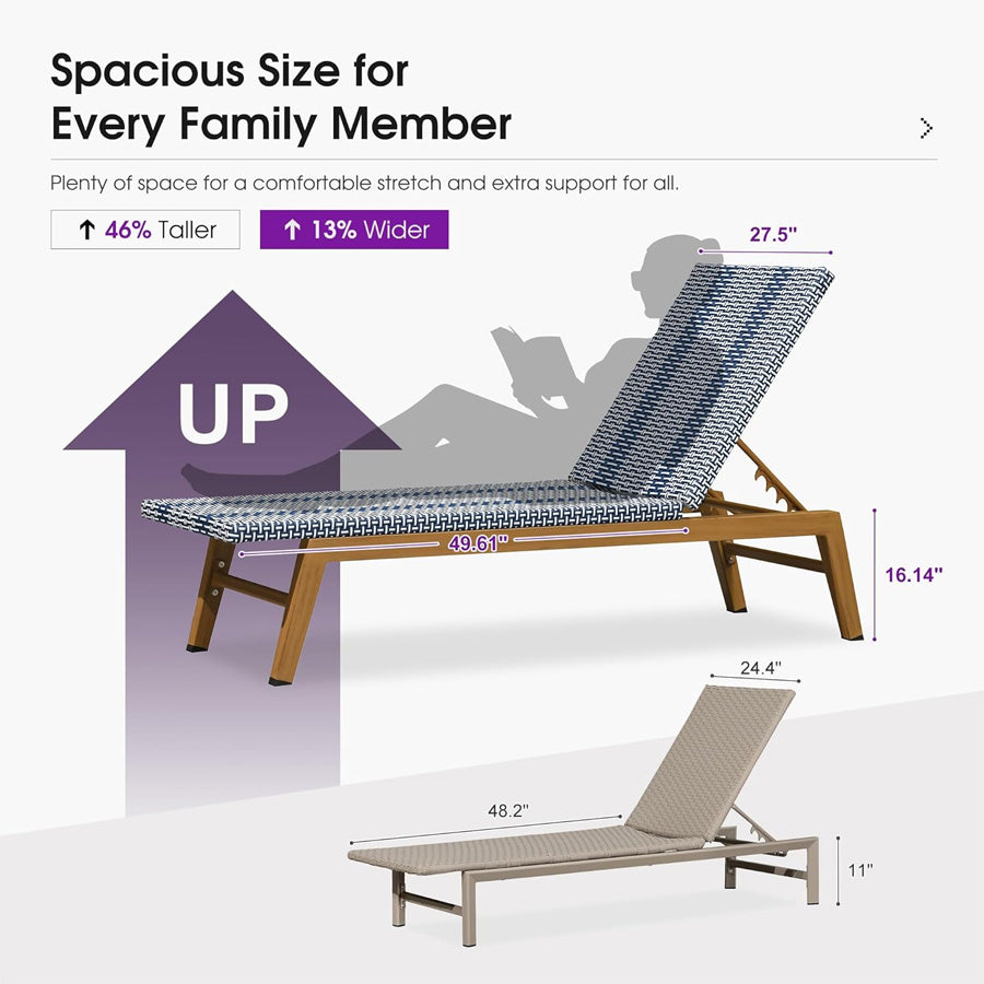 PURPLE LEAF Pool Oversized Lounge Chairs Rattan Aluminium Patio Chaise Lounge Outdoor Adjustable Recliner Finish Loungers Woven PE Sun Chairs for Poolside Deck Beach