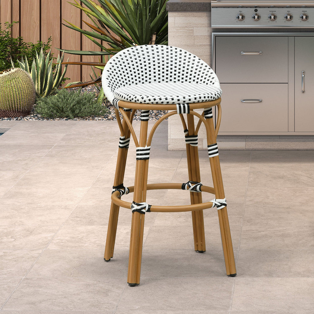 PURPLE LEAF Patio Oversized Backrest Bar Height Stool Set of 2 Outdoor Round Barstools Aluminum Frame Woven Rattan for Indoor Kitchen Dining Bistros Cafe Restaurant