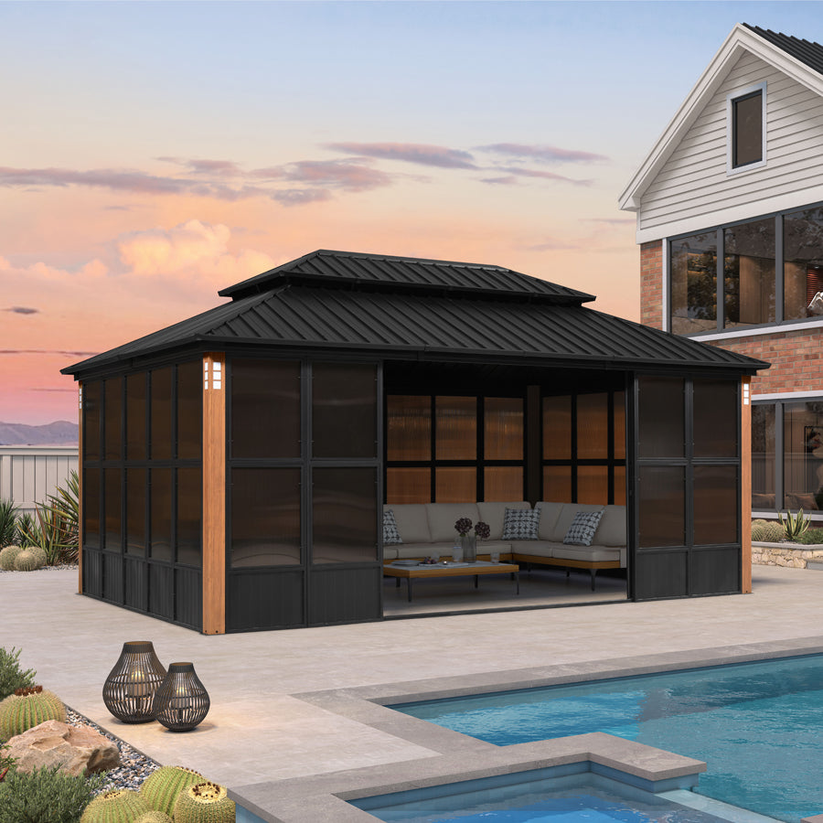PURPLE LEAF Sunroom Hardtop Gazebo with Wood Grain Columns Black Frame Double Roof Galvanized Steel Solarium All-Weather Screen House