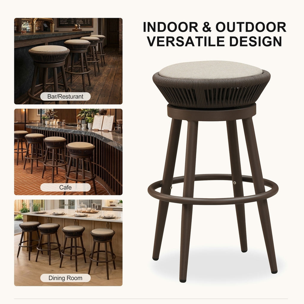PURPLE LEAF Outdoor Swivel Bar Stools Set of 2 Metal Modern Rattan Bar Chairs with Backrest Aluminum Woven Barstools with Cushions