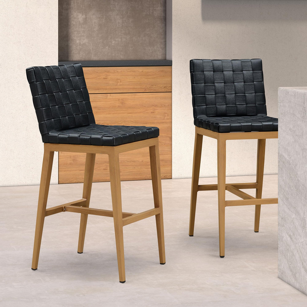 PURPLE LEAF Outdoor Counter Height Stools Set of 2, PU Leather Patio Bar Set with Aluminum Frame, Bar Chairs for Poolside, Garden, Kitchen Island