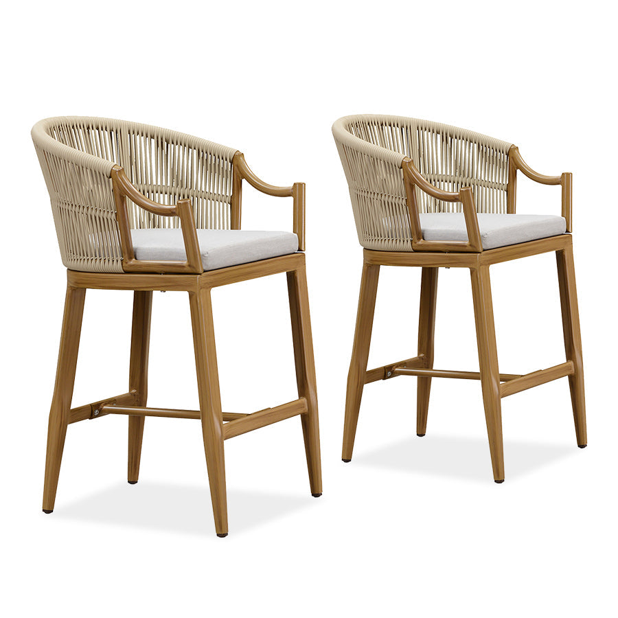 PURPLE LEAF Patio Bar Stools Set of 2 Outdoor Wicker Modern High Bar Chairs Metal Cushioned Barstools with Backs and Ergonomic Armrest
