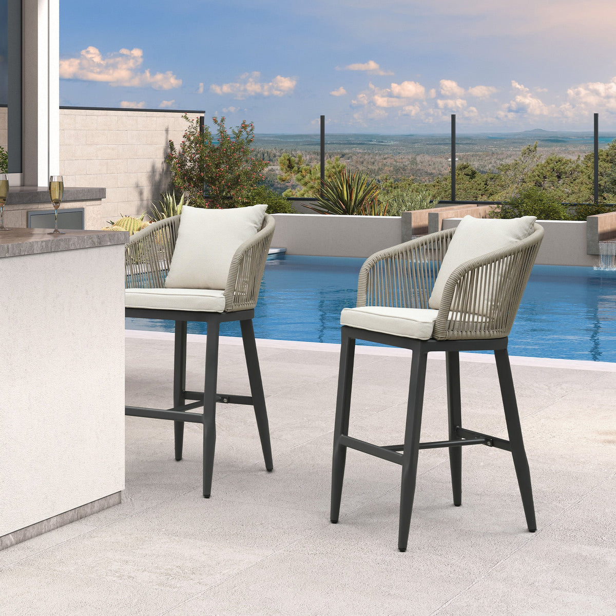 PURPLE LEAF Outdoor Bar Stools Patio Modern Aluminum Rattan High Back & Arms Bar Chairs with Removable Cushions and Pillows  for Outdoor or Indoor