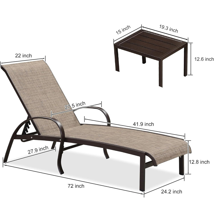 PURPLE LEAF Outdoor Chaise Lounge Patio Pool Lounger Aluminum Chairs with Side Table Adjustable Tanning Recliner for Outside Yard Deck Lawn Garden Beach