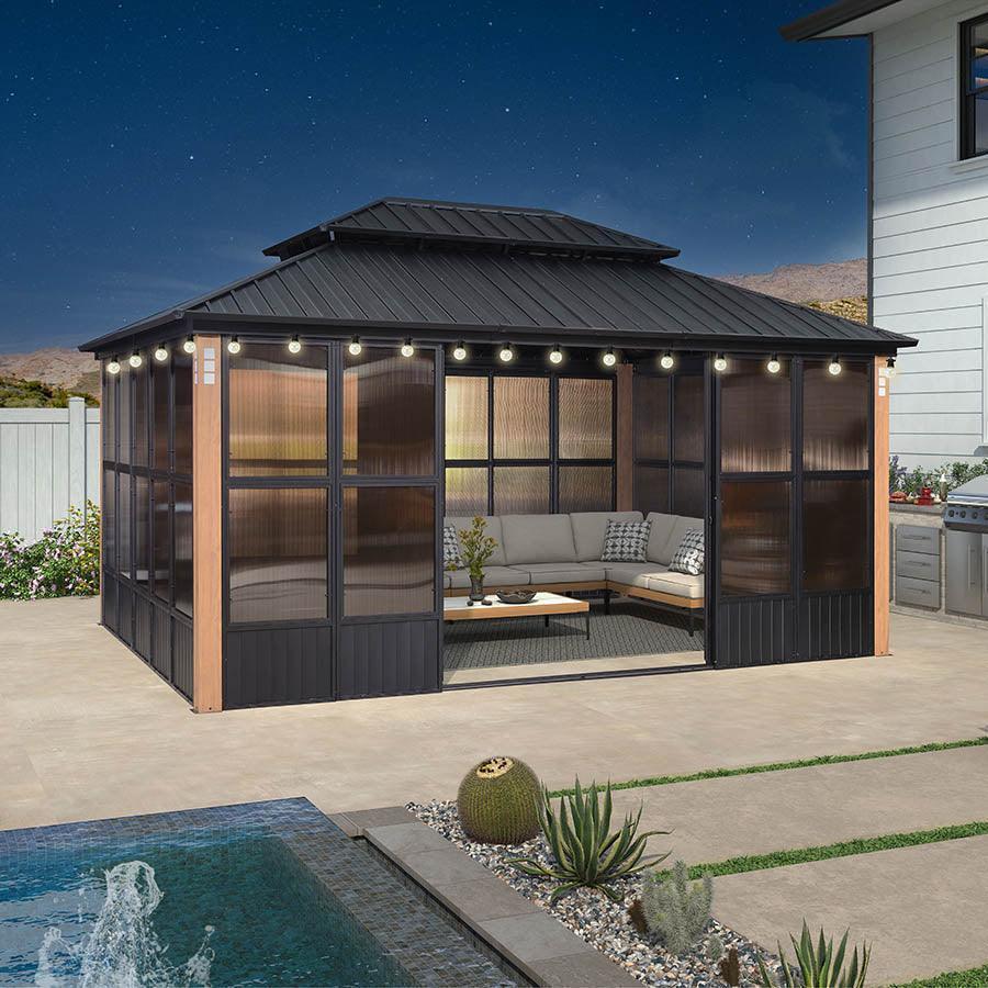 PURPLE LEAF Sunroom Hardtop Gazebo with Wood Grain Columns Black Frame Double Roof Galvanized Steel Solarium All-Weather Screen House with String Lights