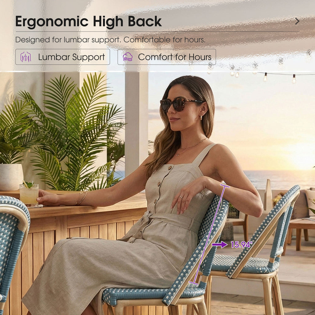 PURPLE LEAF Patio French Counter Stool Set of 2 Outdoor Backrest Barstools Aluminum Frame Woven Rattan for Indoor Kitchen Garden Balcony Restaurant