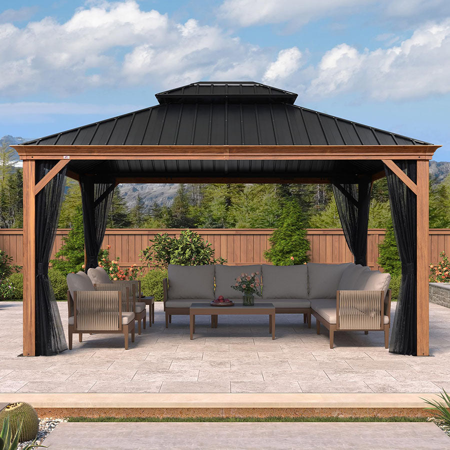 PURPLE LEAF Hardtop Gazebo for Patio Wood Grain Aluminum Frame Awning with Netting