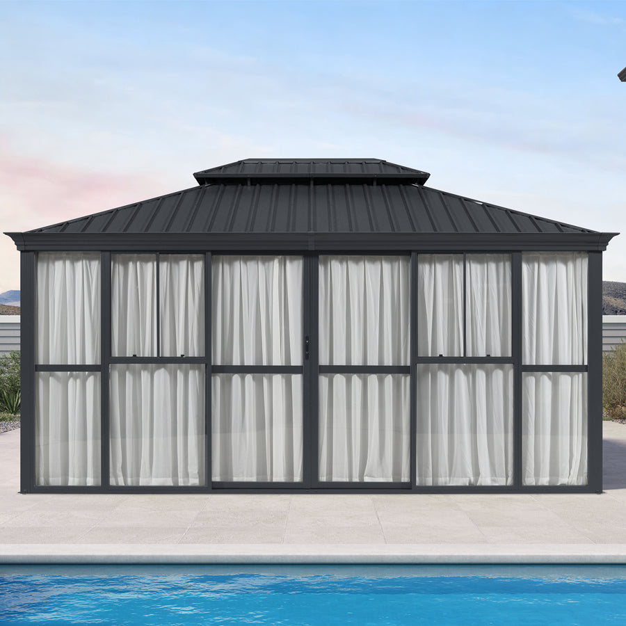 PURPLE LEAF Luxury Sunroom Solarium 360° Transparent Outdoor Living Room with Elegant Curtains Outdoor Gazebo with 4-Side Sliding Doors and Windows for Entertaining
