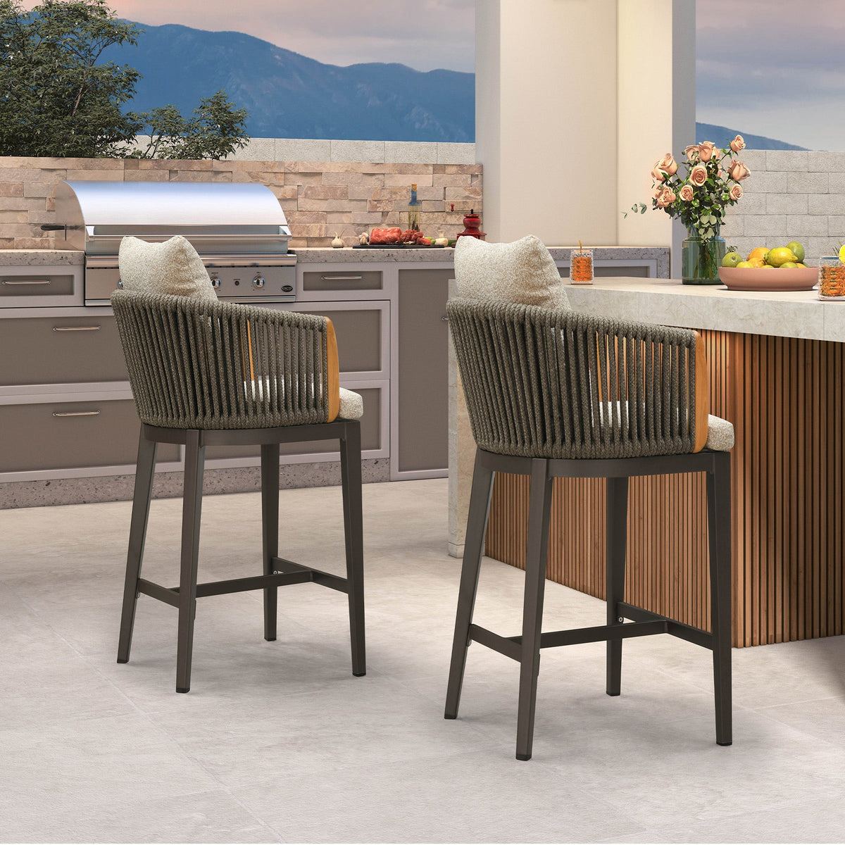 PURPLE LEAF Hailar Outdoor Bar Stools Chair Modern Rattan Bar Stool with Back and Cushion for Balcony, Indoor or Outdoor, Kitchen Island