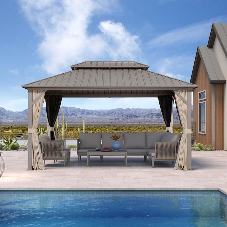 PURPLE LEAF Deck Gazebo Champagne Hardtop Metal Frame Double Roof with Curtains and Netting