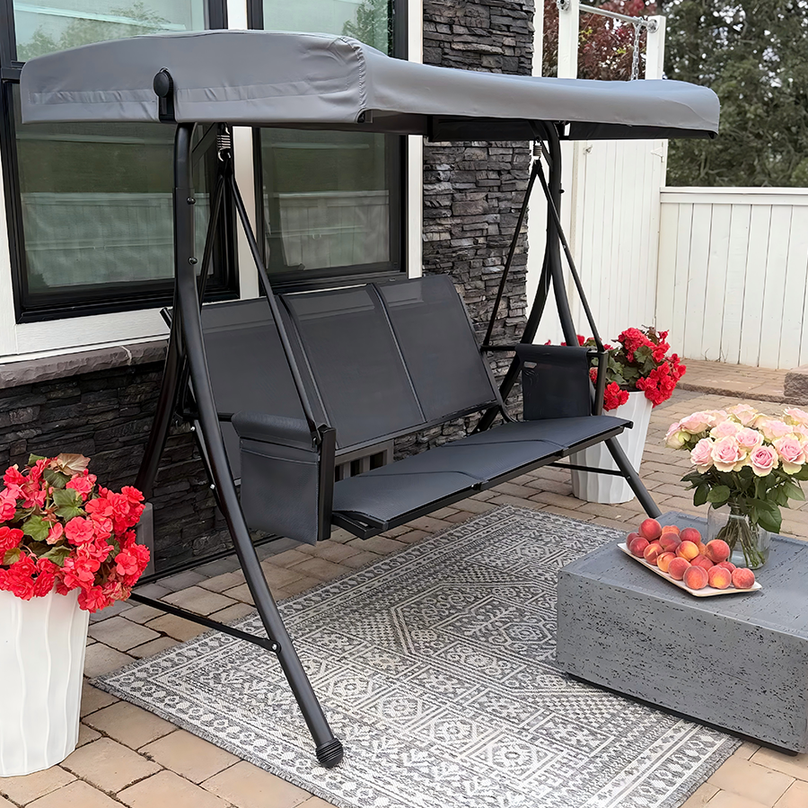PURPLE LEAF Porch Swing with Adjustable Tilt Canopy Patio Swing with Stand and Meatl Steel Frame All-Weather Outdoor Swing Chair Seat Space-Saving for Backyard Garden Deck
