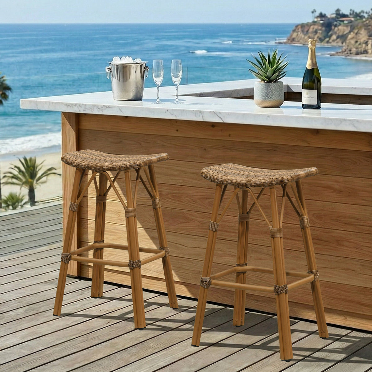 PURPLE LEAF Outdoor Bar Stools Set of 2 Backless Rattan Barstools with Saddle Seat and Footrest All Weather Aluminum Bar Chairs for Patio Kitchen Island Pool Balcony