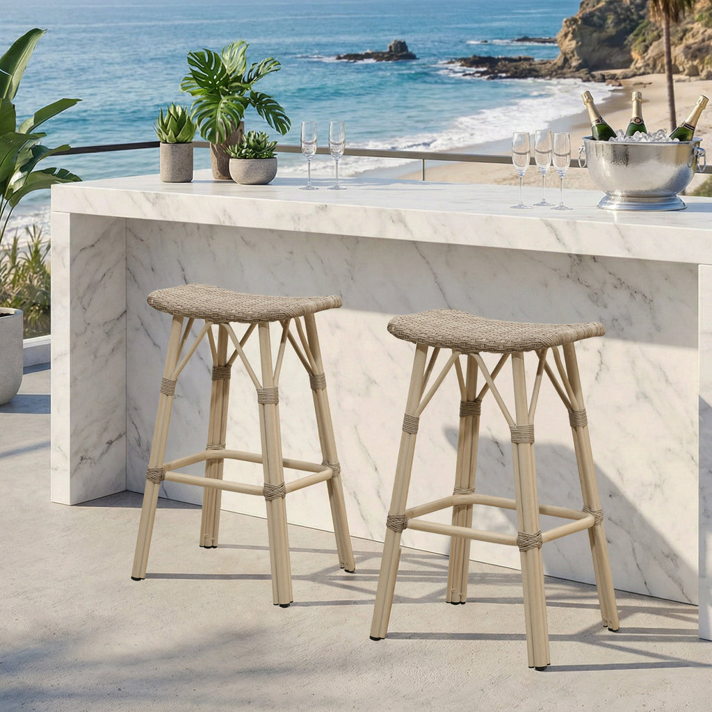 PURPLE LEAF Outdoor Bar Stools Set of 2 Backless Rattan Barstools with Saddle Seat and Footrest All Weather Aluminum Bar Chairs for Patio Kitchen Island Pool Balcony