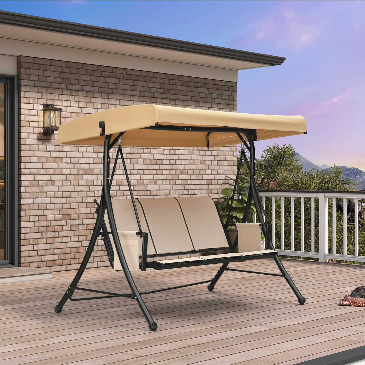 PURPLE LEAF Porch Swing with Adjustable Tilt Canopy Patio Swing with Stand and Meatl Steel Frame All-Weather Outdoor Swing Chair Seat Space-Saving for Backyard Garden Deck
