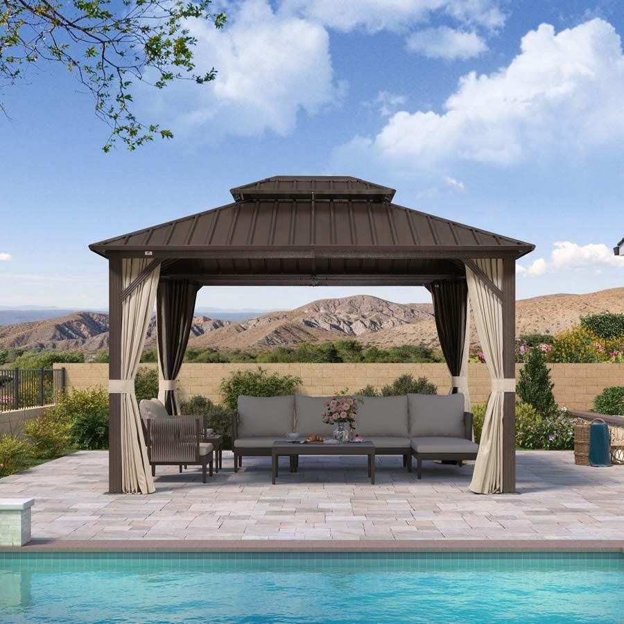 PURPLE LEAF Hardtop Gazebo Featuring Galvanized Steel Double Roof and Bronze Aluminum Frame with Curtains and Netting for Patio and Poolside