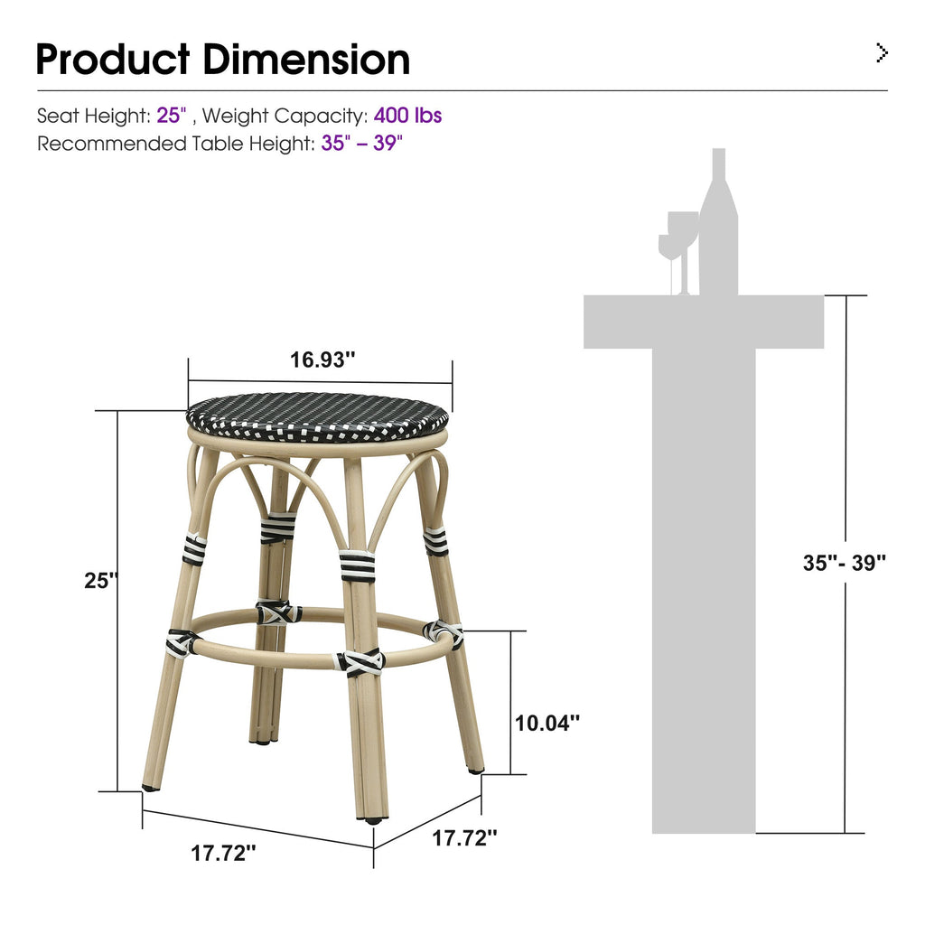 PURPLE LEAF Patio French Round Counter Stool Set of 2 Rattan Backless Stackable Barstools Aluminum Frame Footrest with Woven Wicker for Outdoor Kitchen Yard