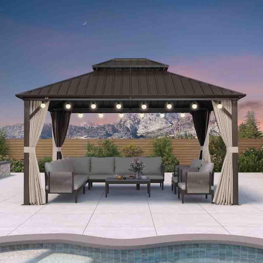 PURPLE LEAF Hardtop Gazebo Featuring Galvanized Steel Double Roof and Bronze Aluminum Frame with Curtains and Netting for Poolside with Lights-clear