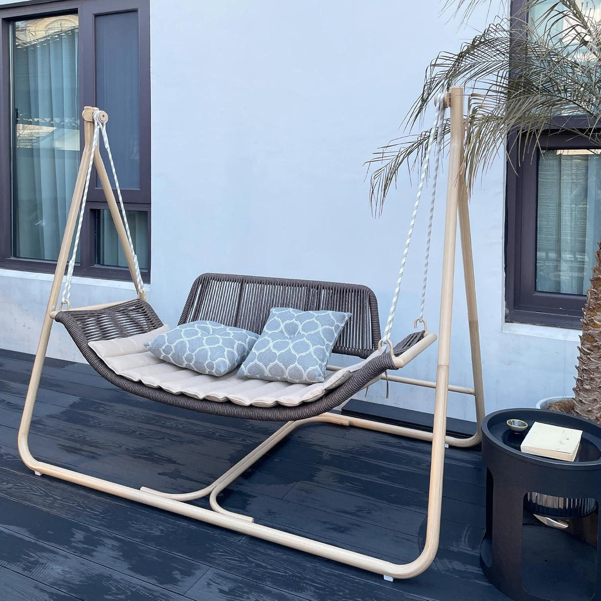 PURPLE LEAF Double Cloud Hanging Chair - Outdoor Patio Rattan Swing Chair with Cushion and Backrest.