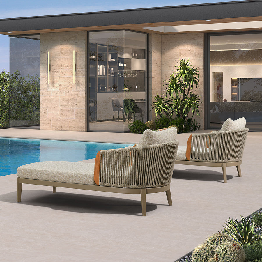 PURPLE LEAF Hailar Olefin Patio Chaise Lounge Chair , Upholstered Pool Aluminium Lounge Chairs for Outdoor with Teak Armres for Deck, Pool, Lawn, Garden, Courtyard, Porch