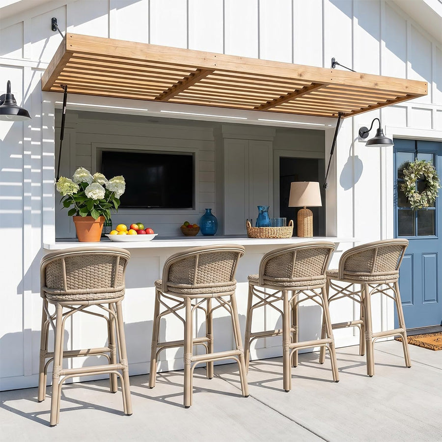 PURPLE LEAF Outdoor Bar Stools Set of 2 Rattan Patio Tall Bar Chairs Aluminum Frame with Back Barstools for Kitchen Garden Backyard Bistros Restaurant