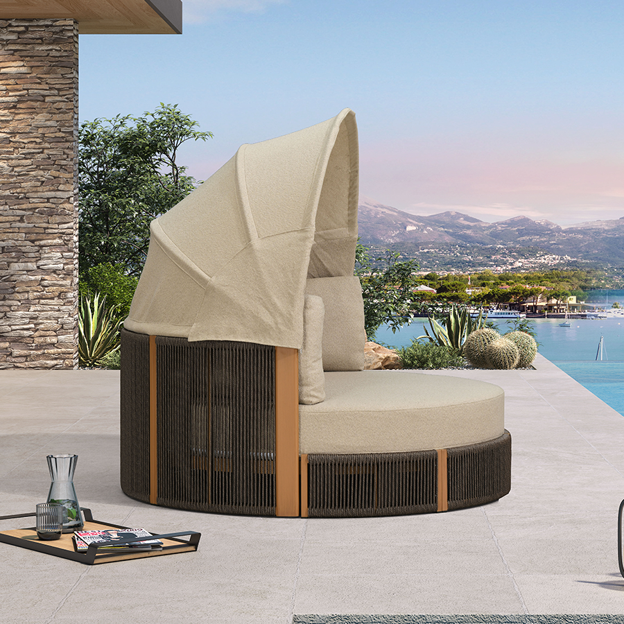 PURPLE LEAF Outdoor Round Daybed Chaise Lounge with Adjustable Canopy for Patio, Olefin fabric cover, thickened seat and back cushion, adjustable canopy, all weather aluminum frame, elegant wicker design