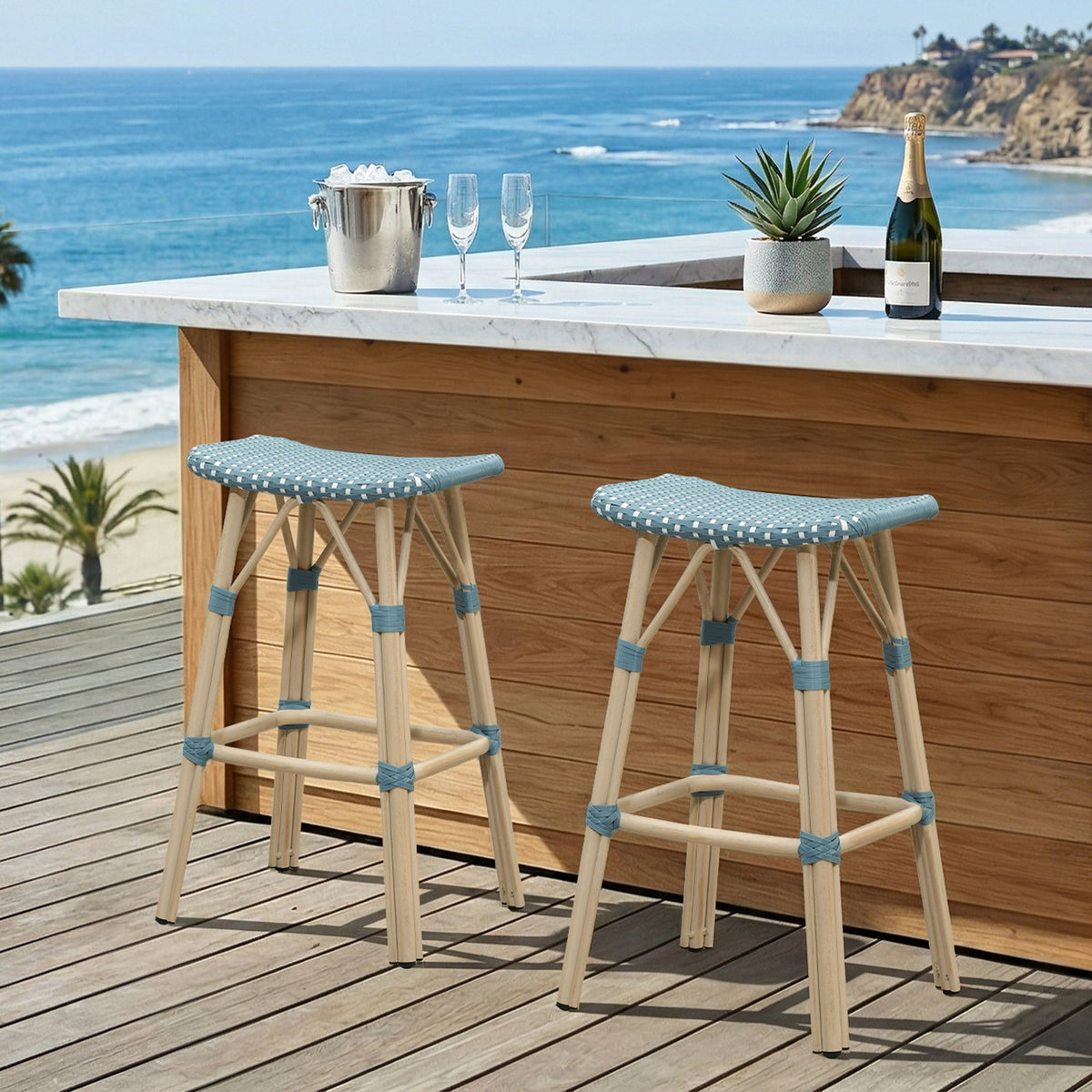 PURPLE LEAF Outdoor Bar Stools Set of 2 Backless Rattan Barstools with Saddle Seat and Footrest All Weather Aluminum Bar Chairs for Patio Kitchen Island Pool Balcony