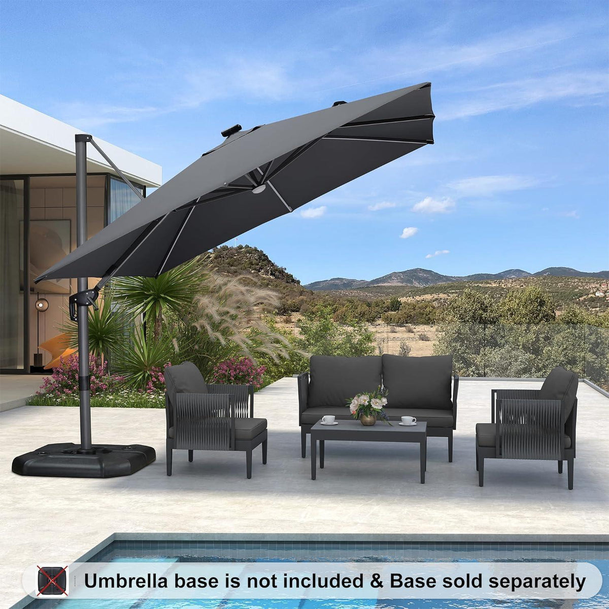 PURPLE LEAF – Parasol de terrasse déporté 10ft avec éclairage LED, rotation 360° et inclinaison