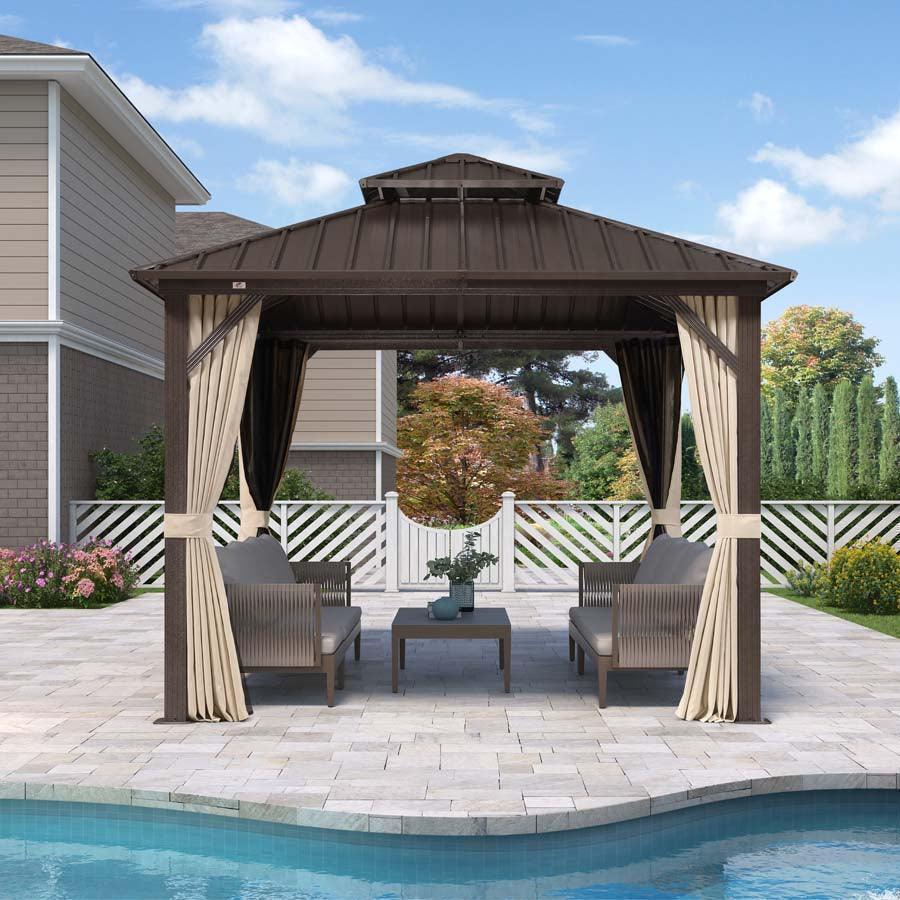 PURPLE LEAF Hardtop Gazebo Featuring Galvanized Steel Double Roof and Bronze Aluminum Frame with Curtains and Netting for Patio and Poolside